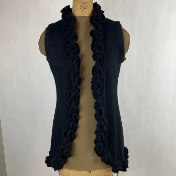 Lael Alpaca Sweater Vest Cardigan Medium Long Ruffle Collar Black Knit - Picture 16 of 16